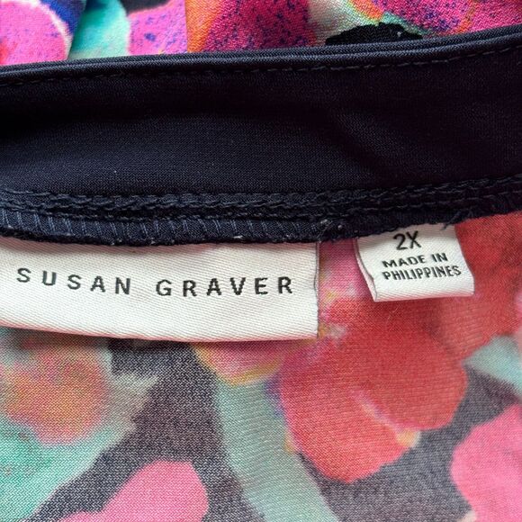 Susan Graver Liquid Knit Top Colorful Floral Asymmetrical Hem Boat Neck 2X C170 - Picture 7 of 9